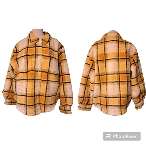 Sincerely Jules X Bandier Aspen Sherpa Amber Plaid Jacket Oversized Large NWT - Picture 1 of 14